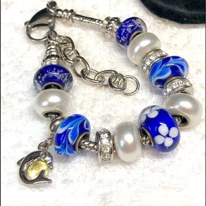Murano glass European fit beaded bracelet dolphin and blues